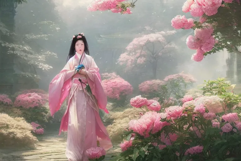 Prompt: a beautiful picture of peony in full bloom, palace ， a girl in hanfu, by greg rutkowski and thomas kinkade, trending on artstation