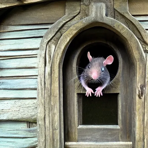 Prompt: rat looking out front door of bag end in hobbiton