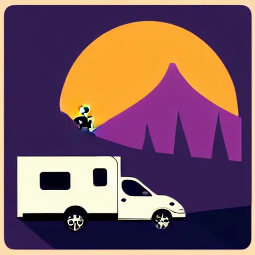 Image similar to vector art of a white and black cute thor chateau! motorhome camper!!, highway, mountains and colorful sunset!!, very very happy, stylish, warm colors, minimal vector art sticker!! by tom whalen