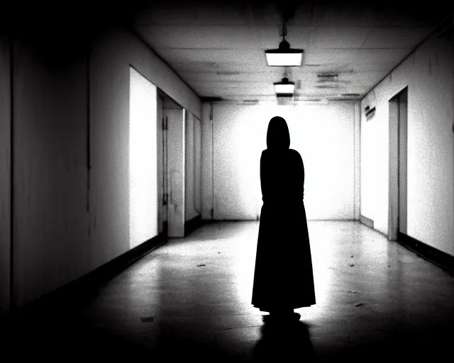 Image similar to creepy woman wearing white dress standing in the backrooms, psychological horror, the eerie forlorn atmosphere of a place that's usually bustling with people but is now abandoned and quiet, buzzing fluorescent lights above the ceiling, unsettling images, liminal space, dark