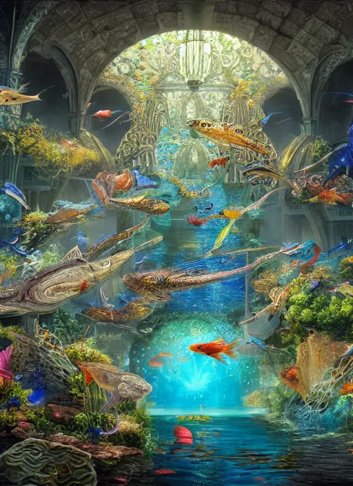 Prompt: people observing lots of beautiful fish in an underground aquarium corridor, in the style of john stephens, fantasy art, ray tracing, water droplets, highly detailed, artstation trend, highly detailed and intricate, sharp focus, photography, unreal engine 5