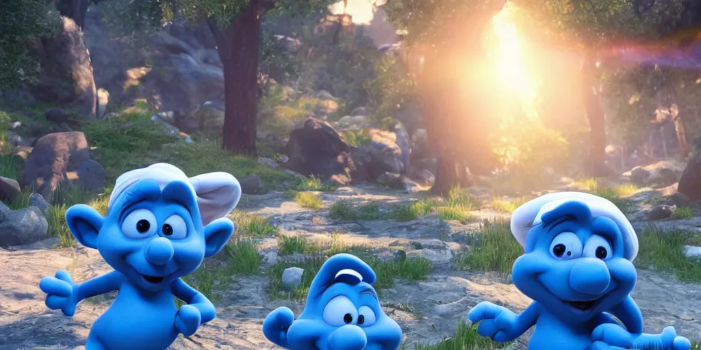 Image similar to smurfs in the unreal engine, 8k, high detail, volumetric lighting, lensflare