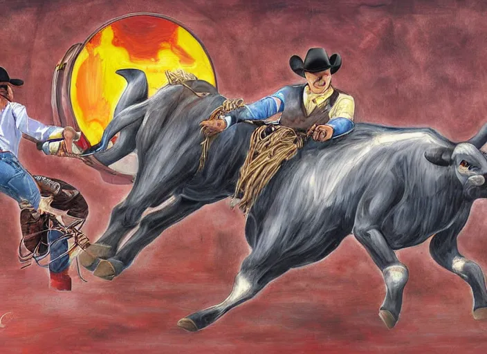 Image similar to mechanical rodeo bull, detailed bull, anime, ralph goings, cartoon styled painting