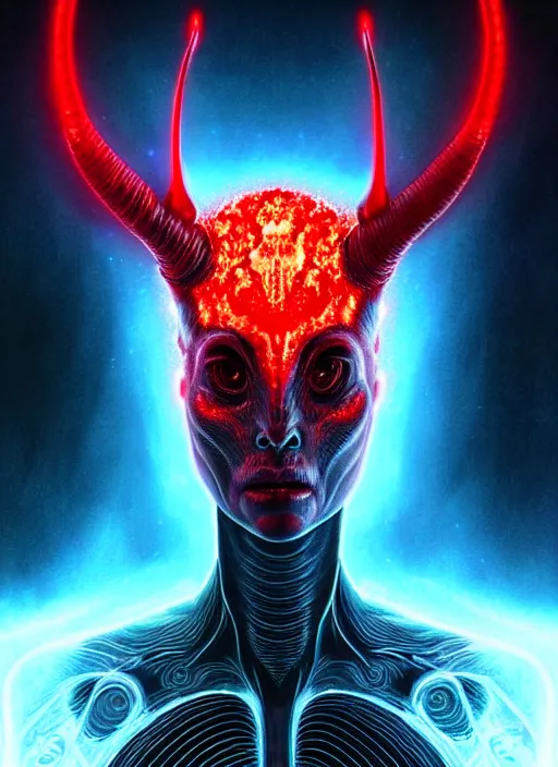 Prompt: portrait of realistic alien with horns. red eyes, human eyes, background flames, sci - fi, tech wear, glowing lights!! intricate, elegant, highly detailed, digital painting, artstation, concept art, smooth, sharp focus, illustration, art by wayne barlowe, in the style of lee jeffries