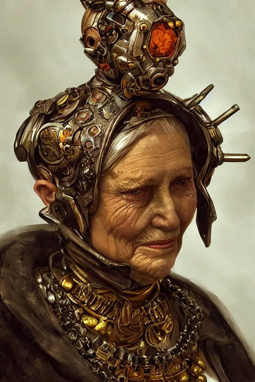 Prompt: portrait, headshot, digital painting, of a old 17th century, old lady cyborg merchant, amber jewels, baroque, ornate clothing, scifi, futuristic, realistic, hyperdetailed, chiaroscuro, concept art, art by waterhouse and witkacy
