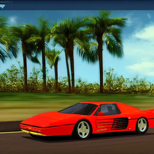 Image similar to a Ferrari Testarossa on a road next to a white sand beach with palm trees@in unreal engine