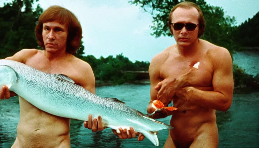 Image similar to 7 0 s movie still of putin in speedo, proudly holding a salmon, focus on eyes. cinestill 8 0 0 t _ 3 5 mm eastmancolor, heavy grain, high quality, high detail