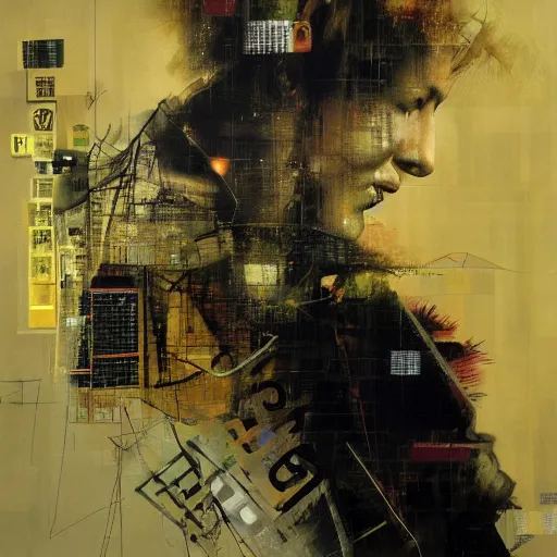 Image similar to a thrush wandering within the virtual realms of urban informatics and computational social science, oil on canvas by dave mckean and yoji shinkawa