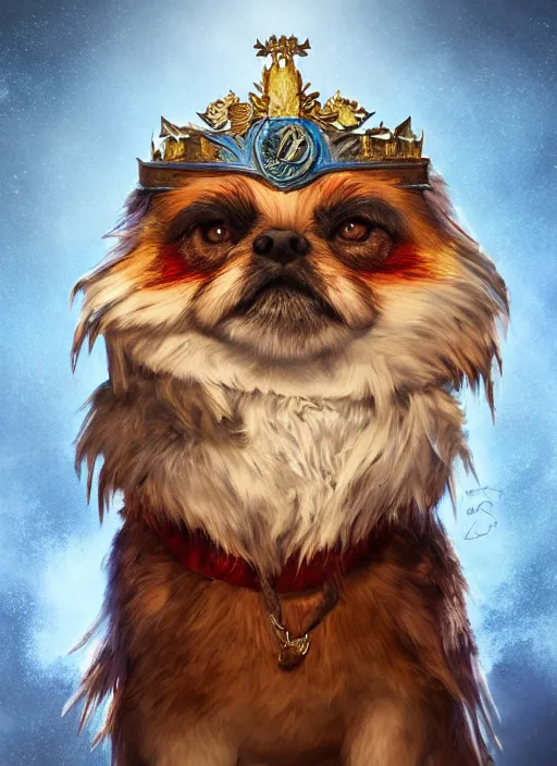 Prompt: An epic fantasy comic book style portrait painting of a petit brabancon griffon queen in throne, unreal 5, DAZ, hyperrealistic, octane render, cosplay, RPG portrait, dynamic lighting