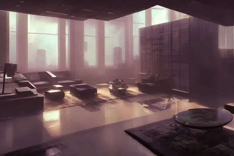 Image similar to a futuristic high tech apartment interior, by Craig Mullins, octane rendering, moody lighting, in the style of blade runner