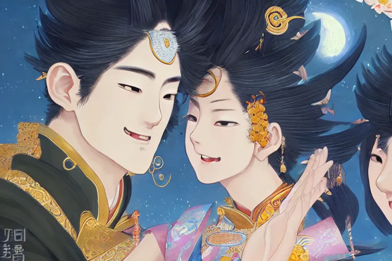 Prompt: close up moment of a divine a japan sun god and a moon goddess lovers magician at a wedding banquet, highly detailed, genshin, fantasy, 4 k realistic, digital painting, trending on artstation, concept art, sharp focus, illustration, art by makoto shinkai and akihiko yoshida and daniel gerhartz