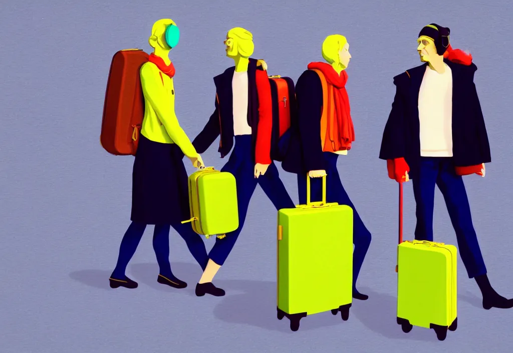 Image similar to full body portrait of a duo of european tourists autumn travel apparel, various poses walking and carrying luggage, character designs painting, in the style of wes anderson, rene magritte, lola dupre, david hockney, isolated on white background, dark monochrome neon spraypaint accents volumetric octane render