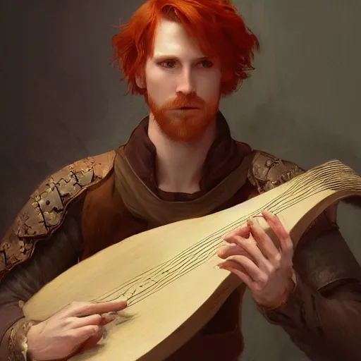 Image similar to portrait of a redhead young human male bard in a medieval tabern, playing the lute joyful, fantasy, highly detailed, digital painting, artstation, concept art, character art, art by greg rutkowski and tyler jacobson and alphonse mucha