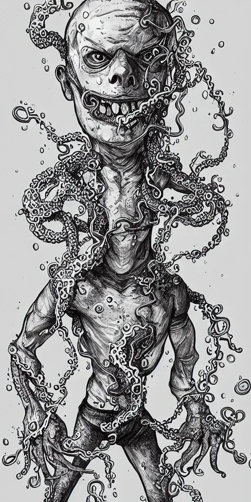 Image similar to high detailed drawing a man with the head of a broken egg, with arms of tentacles. He has a knife in his hand and splatters micro droplets, disney style