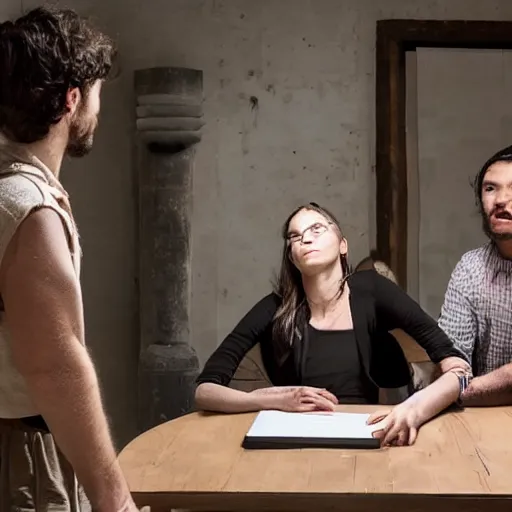 Image similar to the installation art depicts two people, a man and a woman, sitting at a table. the man is looking at the woman with a facial expression that indicates he is interested in her. the woman is looking at the man with a facial expression that indicates she is not interested in him. there is a lamp on the table between them. by andrew robinson mild