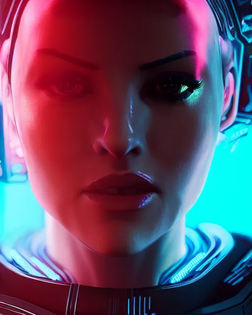 Image similar to portrait female commander shepard, cyberpunk futuristic neon, hyper detailed, digital art, trending in artstation, cinematic lighting, studio quality, smooth render, unreal engine 5 rendered, octane rendered, Illustrated, Perfect face, fine details, realistic shaded, fine-face, pretty face