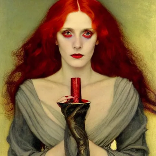 Prompt: A striking Pre-Raphaelite witch with intense eyes and bright red hair by John Collier