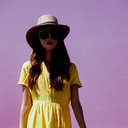 Prompt: a beautiful brown hair woman in a yellow sun dress, wearing sunglasses and a large white hat in downtown Los Angelas, full shot, 50mm lens, Kodak Potra 400 film