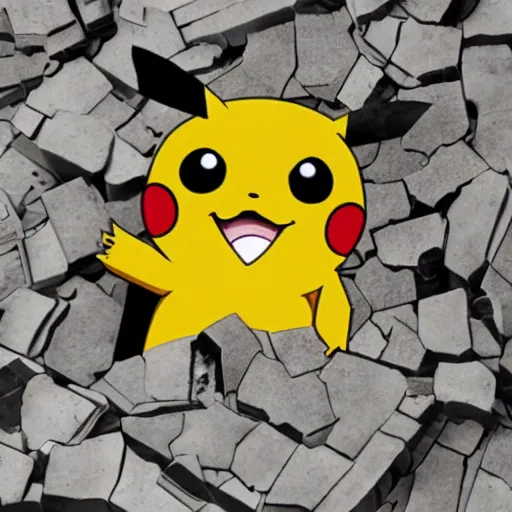 Image similar to The face of Pikachu appearing in shards of broken pottery, 8K resolution photo