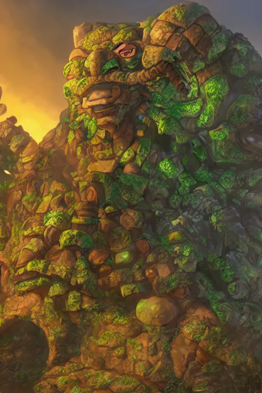 Image similar to zelda fantasy art giant golem troll wood rock greeble gemstone, global illumination ray tracing hdr fanart arstation by sung choi and eric pfeiffer and gabriel garza and casper konefal