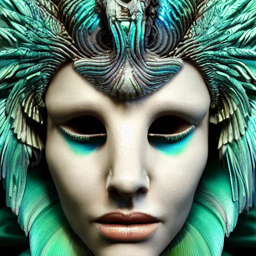 Prompt: 3 d close - up goddess face portrait with bone mask water waves medusa betta fish human bones, beautiful detailed phoenix greek theatre mask, feathers, highly detailed. iridescent accents. by wlop, tooth wu, greg rutkowski, alena aenami, beeple, octane render, ultra realistic. high contrast. emerald green white