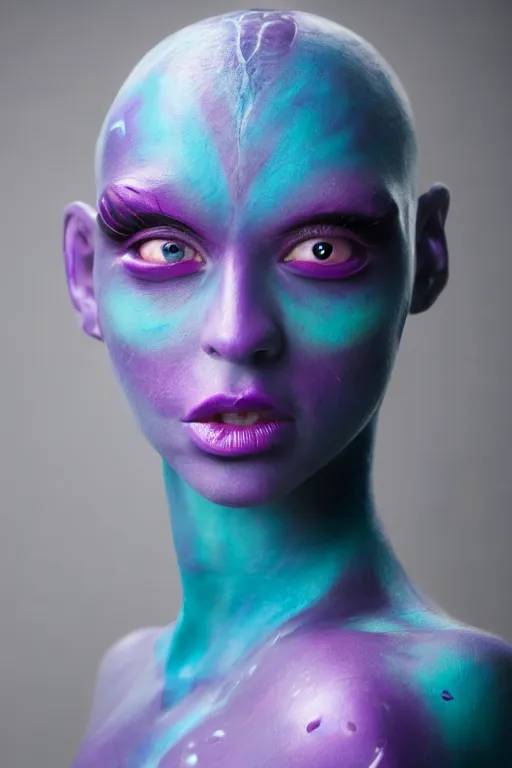 Image similar to purple - skinned alien girl, cosplay, photo shoot, body paint, beautiful symmetric face, studio lighting