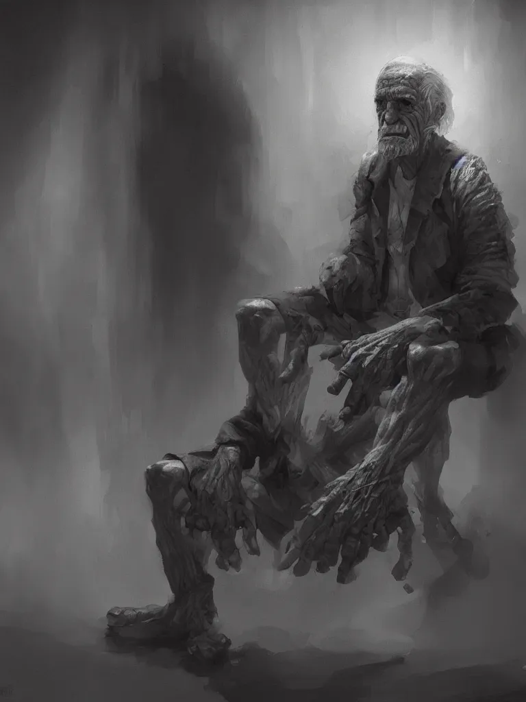 Image similar to mutated old man sitting ina dark factory environment, digital black and white painting by oleg vdovenko chuvabak and maxim verehin, flash photography, trending on artstation, character painting