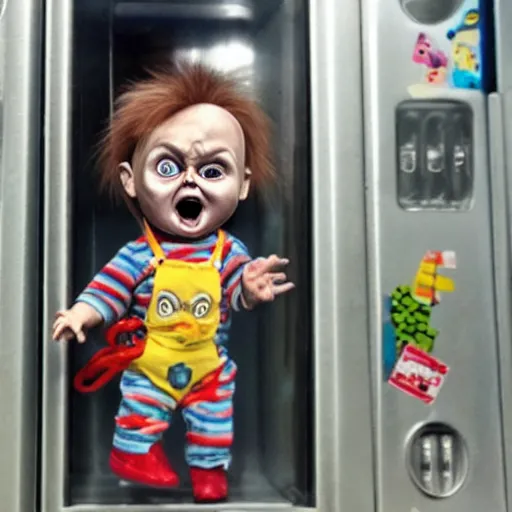 Image similar to tiny screaming chucky doll climbing out of a vending machine