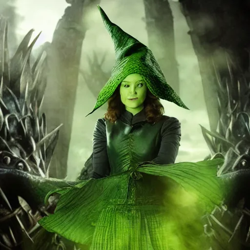 Image similar to the wicked witch of the game of thrones, green skin, witch hat, dragons