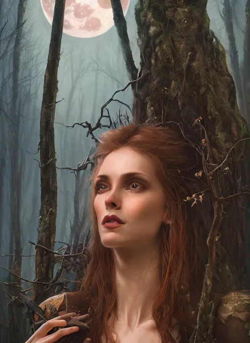 Image similar to leaves, cinematic lighting, realistic matte painting, close - up face portrait of a beautiful skinny woman as witch in front of the full big moon in a fantasy forest, by james gurney, greg rutkowski, highly detailed digital art, artstation