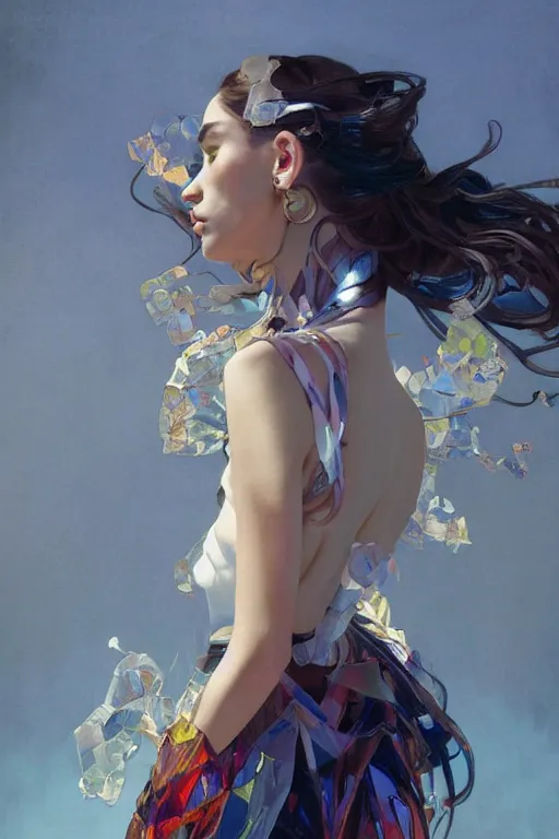 Image similar to an hyper intricate oil painting of gen z model wearing a fashion outfit with a clean t - shirt for mockups, full body ultra fashion model pose by vogue, excellent composition, by yoshitaka amano, by greg rutkowski, by alphonse mucha, by rhads, by ross tran, trending on artstation