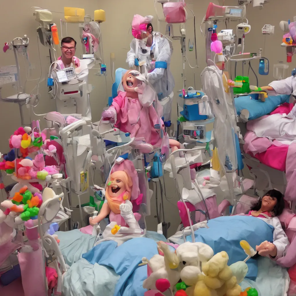 Image similar to photo of a happy patient and doctor or nurse in a hospital room made out of soft candy, candy hospital equipment, candy hospital room, candy treatments, oompa loompa virus, willy wonka pandemic