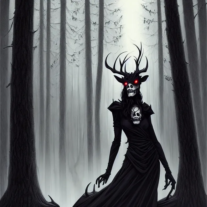 Image similar to style artgerm, joshua middleton, steve niles, gerald brom, scary wendigo with antlers and skull face mixed with werewolf, beautiful witch wearing a black dress on the right side, in the forest, detailed, dark and foggy, cinematic lighting