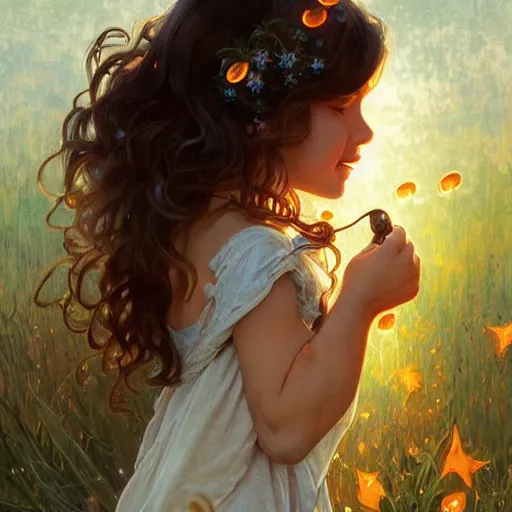 Image similar to A cute seven year old little girl with shoulder length curly brown hair with a happy expression wearing a summer dress dancing with fireflies, she is in the distance. beautiful fantasy art by By Artgerm and Greg Rutkowski and Alphonse Mucha, trending on artstation.