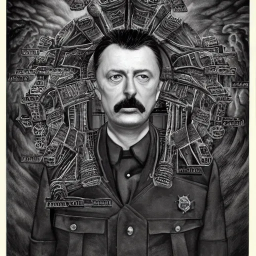 Prompt: Portrait of Igor Ivanovich Strelkov while he is calling for total war, photo-realistic, 2K, highly detailed, bodyhorror by H.R.Giger, tends to have fractal structure