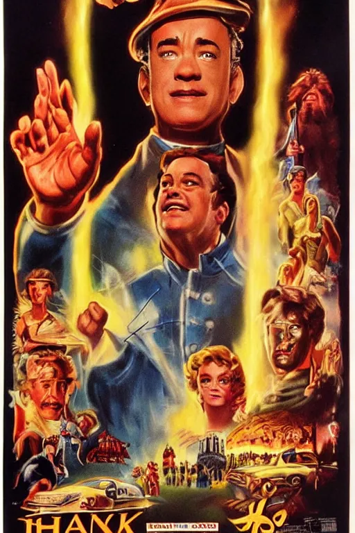 Image similar to vintage movie poster hanksgiving, tom hanks, turkey, a wizard, lightning, 1 9 8 2, drew struzan inspiration