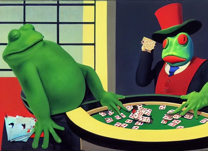 Prompt: The Clown Frog King gets completely wiped out in a game of poker, painting by René Magritte and Robert Crumb and Ralph McQuarrie