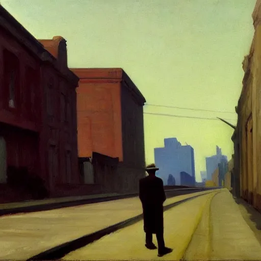 Prompt: oil painting of a man wandering the abandoned streets of an overgrown city, edward hopper.