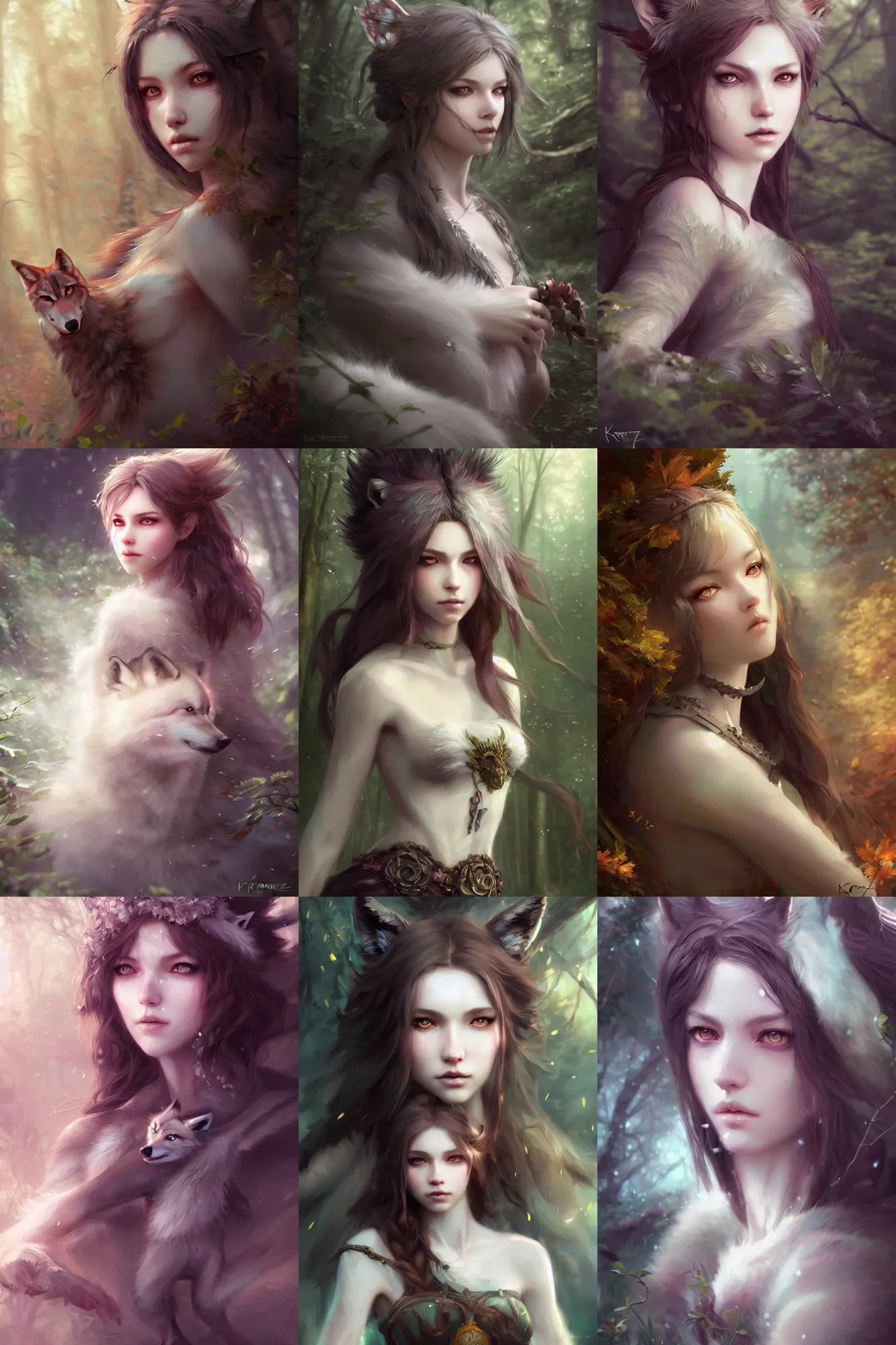 Prompt: a ( girl as personification of wolf ), beauty portrait, fantasy forest, digital art by krenz cushart, laurie greasly, wlop, artgerm, intricate, highly detailed, sharp focus, smooth, epic composition, joyful, unreal engine