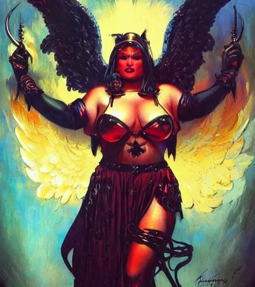 Image similar to portrait of plus size iranian female chaos angel, beautiful! coherent! by frank frazetta, by brom, strong line, vivid neon color, shining metal power armor, iron helm, high contrast, maximalist