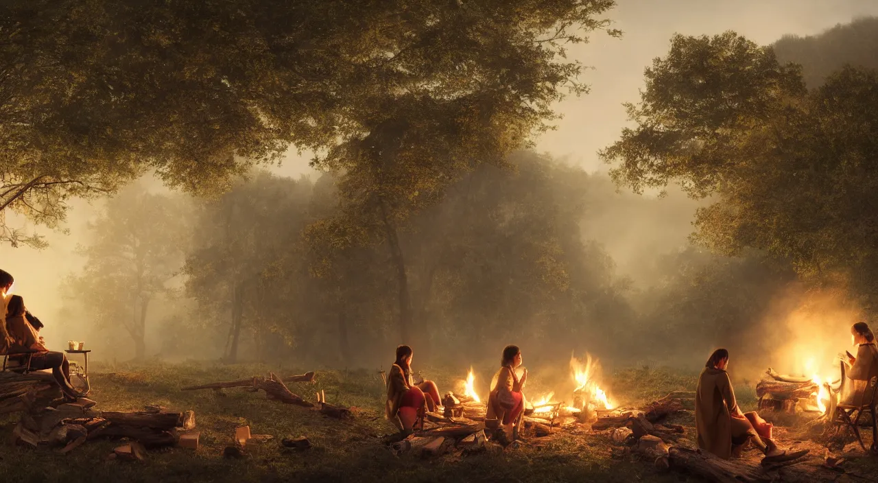 Image similar to A panoramic photograph of a girl with short black hair in a tan tenchcoat sitting on a log and drinking tea by the campfire at night in a grove, large landscape with a village in the valley, by Greg Rutkowski, 4k photorealistic, volumetric lighting, HD, high details, dramatic, trending on artstation