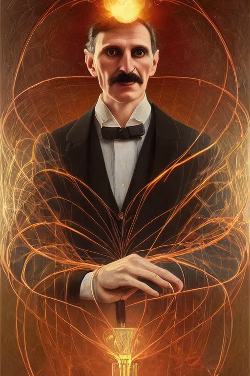 Image similar to a portrait of Nikola Tesla with a background of sparks and electricity, bright lighting, fog, volumetric lighting, intricate, elegant, highly detailed, digital painting, artstation, concept art, smooth, sharp focus, art nouveau, art by artgerm and raymond swanland and alphonse mucha