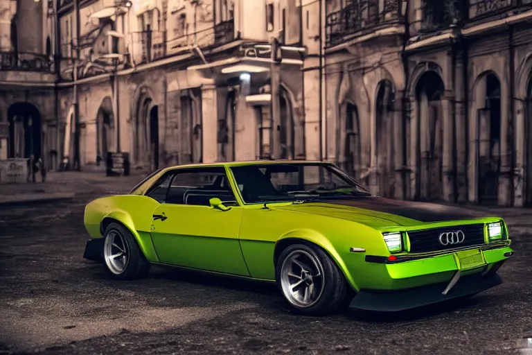 Image similar to widebody audi camaro b 1 ( 1 9 6 9 ), need for speed : carbon, at night, mild sci - fi, neon lines, lviv historic centre, phonk music background, smoke behind wheels, noise, dark, establishing shot, by simon stalenhag