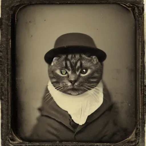 Image similar to ambrotype of a cat wearing a hat.