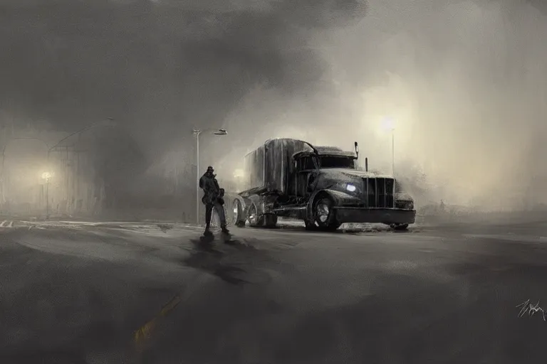 Image similar to epic concept art of an approaching truck and a man standing still. close - up man in foreground. backlight. rim light, strong contrast. by ashley wood and j. m. w. turner, speed painting, photo bash, cinematic angle, super detailing, strong perspective, traffic accident, haze over the shoulder shot