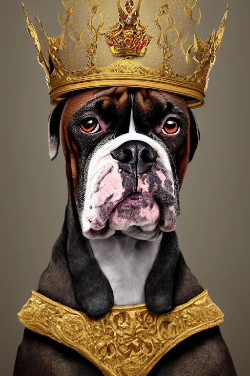 Prompt: an oil painting portrait of a boxer dog wearing medieval royal robe and an ornate crown on a dark background, digital Art, concept Art, highly detailed, 3-D 4K, trending on art station, Award winning, Mark Brooks