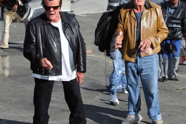 Image similar to Jack Nicholson plays Pikachu Terminator, wearing leather jacket, getting from the car