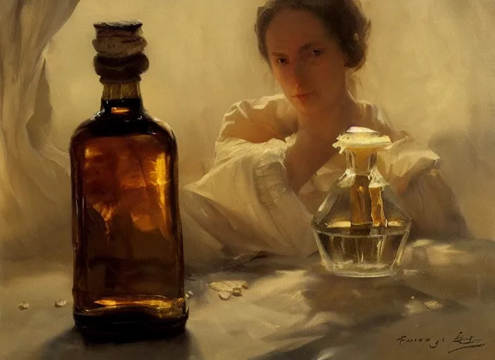 Prompt: oil painting of whiskey bottle, barley grain, art by anders zorn, wonderful masterpiece by greg rutkowski, beautiful cinematic light, american romanticism by greg manchess, creation by tyler edlin, folds of fabric, tablecloth, curtains