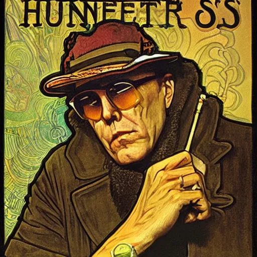 Prompt: hunter s thompson painting by mucha