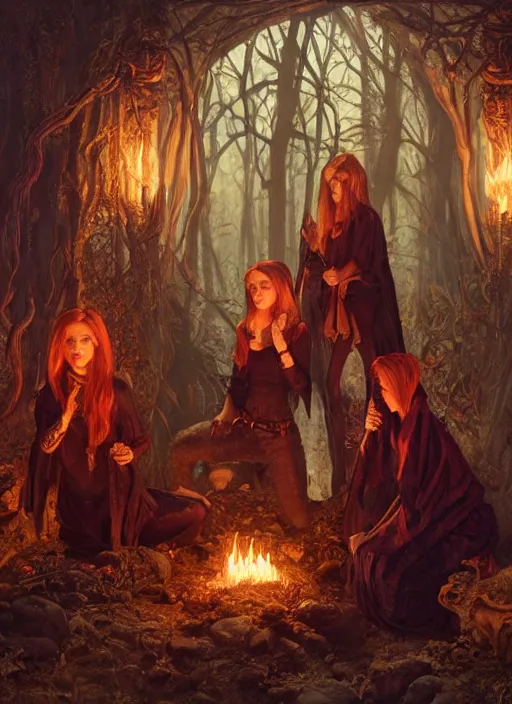 Image similar to firestarter inside covens den, intricate wiccan scene detailing, hyperdetailed, photorealistic, diffuse lighting, hdrp, artstation, unreal 5, smooth, textless, sharp focus, art by john collier, albert aublet, krenz cushart, artem demura, alphonse mucha